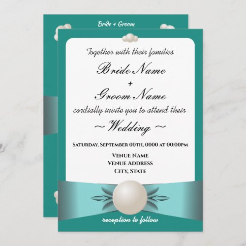 Elegant Teal Pearl Ribbon Photo Wedding Invitation