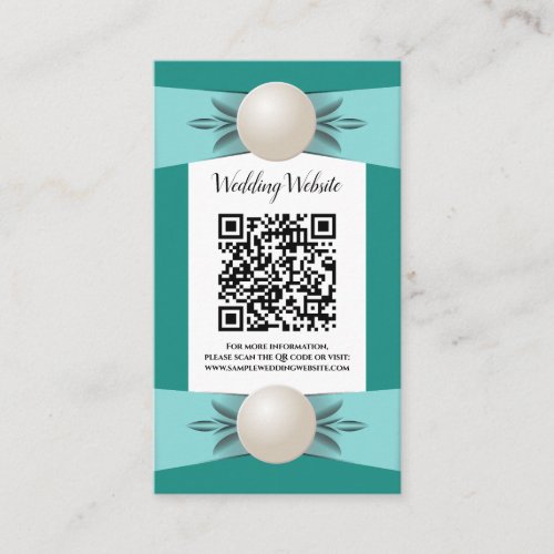 Elegant Teal Pearl Ribbon Wedding QR Code Enclosure Card