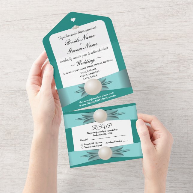 Elegant Teal Pearl Ribbon Wedding & RSVP All All In One Invitation (Tearaway)