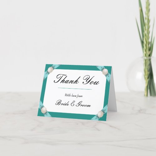 Elegant Teal Pearl Ribbon Wedding Thank You