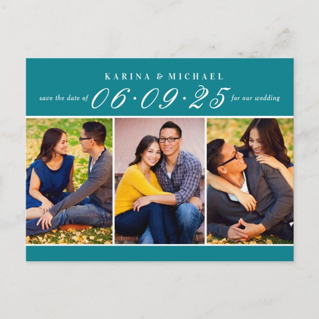 Elegant Teal Photo Collage Wedding Save the Date Announcement Postcard (Front)