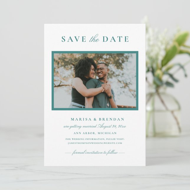 Elegant Teal Photo Frame Wedding Save The Date (Standing Front)