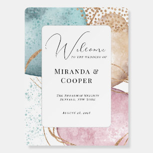 Elegant Teal & Pink Abstract Wedding Welcome Sign