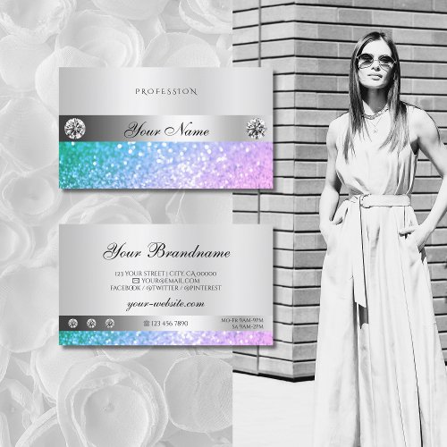 Elegant Teal Pink Glitter Diamonds Luminous Silver Business Card