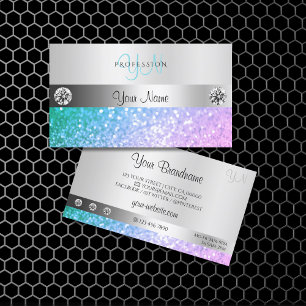 Elegant Teal Pink Glitter Monogram Luminous Silver Business Card