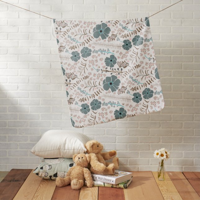 Elegant Teal Pink Gray Flowing Flowers Baby Blanket (In Situ)