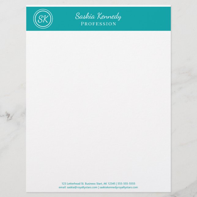 Elegant Teal Professional Monogram Business Letterhead (Front)