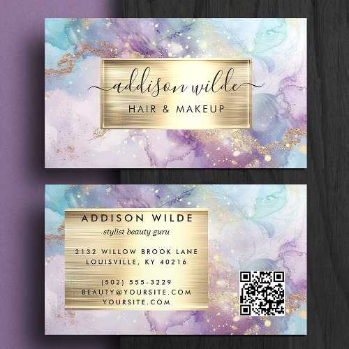Elegant Teal Purple And Gold Watercolor Marble QR Business Card