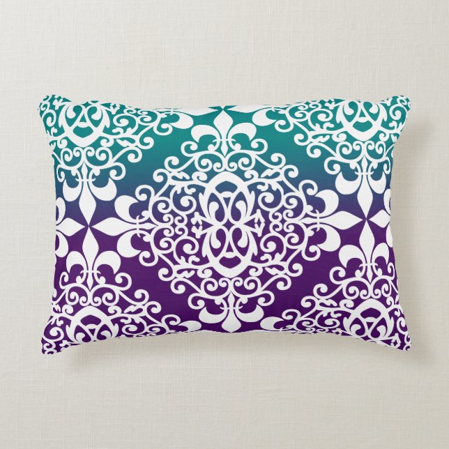 Elegant Teal Purple And White Pattern Decorative Pillow (Front)