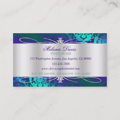 Elegant Teal Purple Damask Swirl Business Card | Zazzle