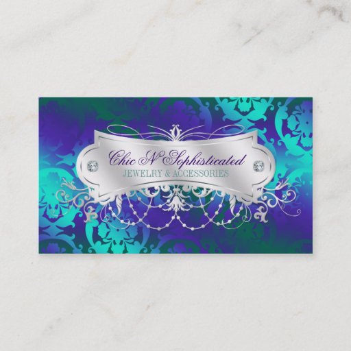Customizable Elegant Teal Purple Damask Swirl Business Card