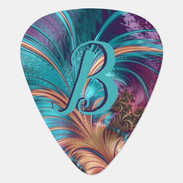 Elegant Teal Purple Fractal Feather Initial Custom Guitar Pick (Front)