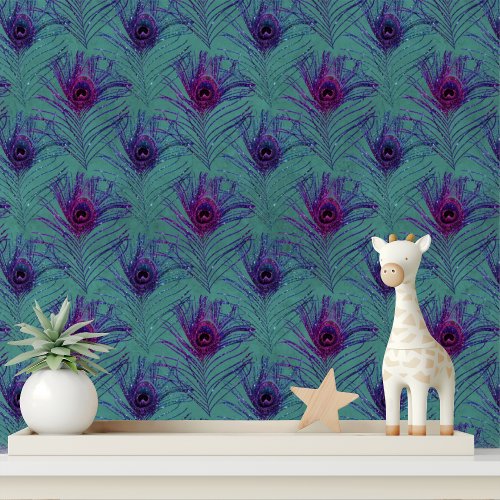 Elegant Teal Purple Glitter Peacock Feathers Chic Wallpaper