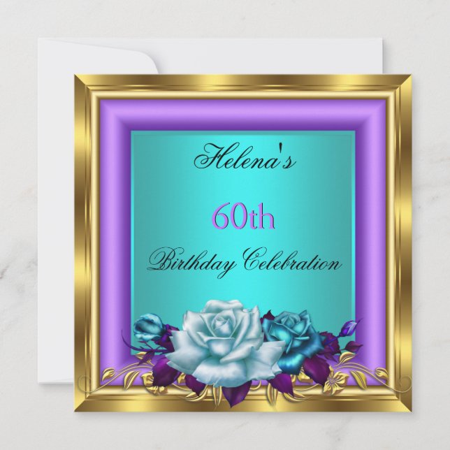 Elegant Teal Purple Gold Roses Birthday Party 4b Invitation (Front)
