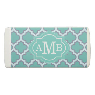 Elegant Teal Quatrefoil Pattern Custom Monogram Eraser