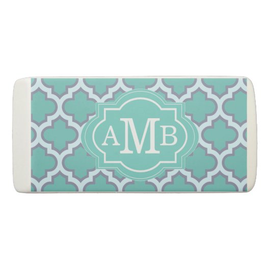 Elegant Teal Quatrefoil Pattern Custom Monogram Eraser (Back)