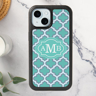 Elegant Teal Quatrefoil Pattern Custom Monogram iPhone 15 Case
