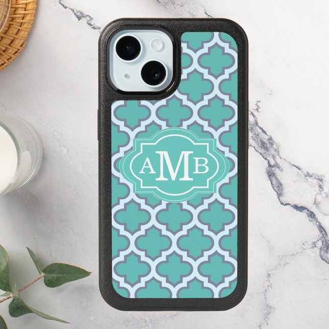 Elegant Teal Quatrefoil Pattern Custom Monogram iPhone 15 Case (Creator Uploaded)