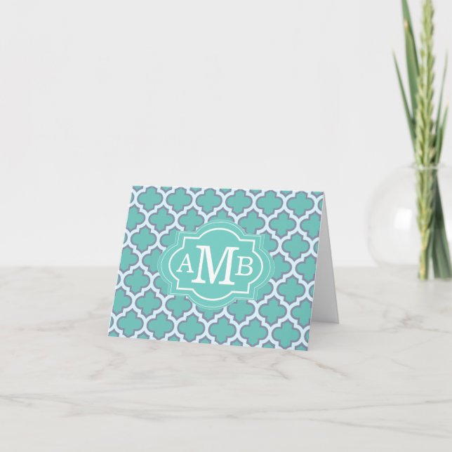 Elegant Teal Quatrefoil Pattern Custom Monogram Note Card (Front)