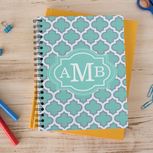 Elegant Teal Quatrefoil Pattern Custom Monogram Notebook (Creator Uploaded)