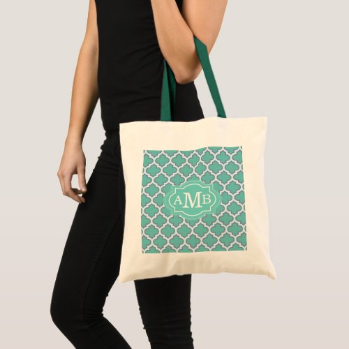 Elegant Teal Quatrefoil Pattern Custom Monogram Tote Bag