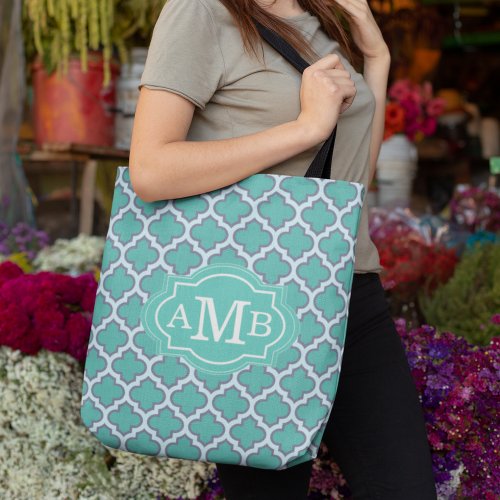 Elegant Teal Quatrefoil Pattern Custom Monogram Tote Bag