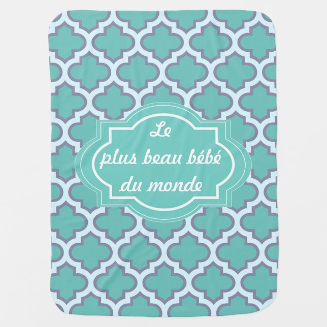 Elegant Teal Quatrefoil Pattern Cute French Quote Swaddle Blanket (Front)