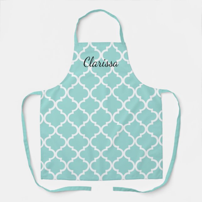Elegant teal quatrefoil pattern kitchen cooking apron (Front)
