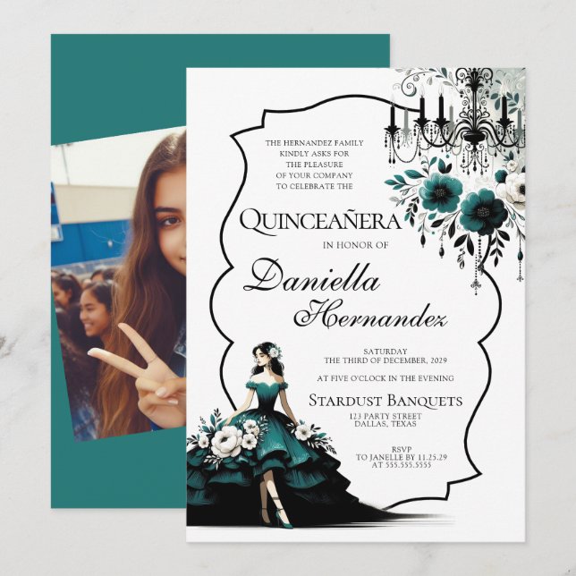 Elegant Teal Quinceañera Invitation (Front/Back)