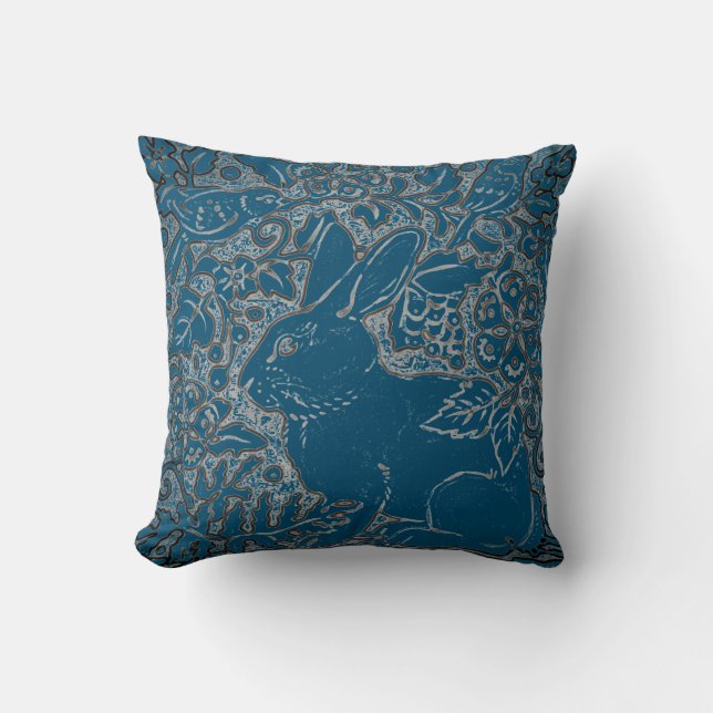 Elegant Teal Rabbit Bird Animal Floral Art Deco Throw Pillow (Front)