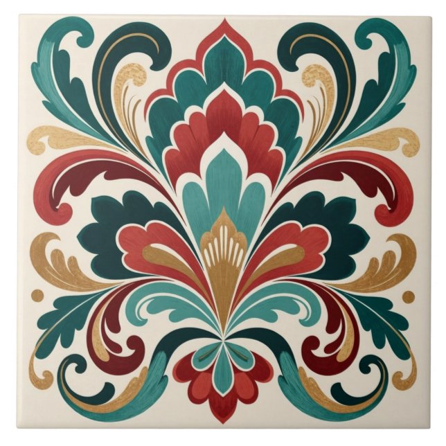 Elegant Teal–Red Ornamental Bloom Ceramic Tile (Front)