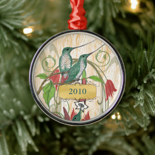 Elegant Teal Red Vintage Hummingbirds Ornament