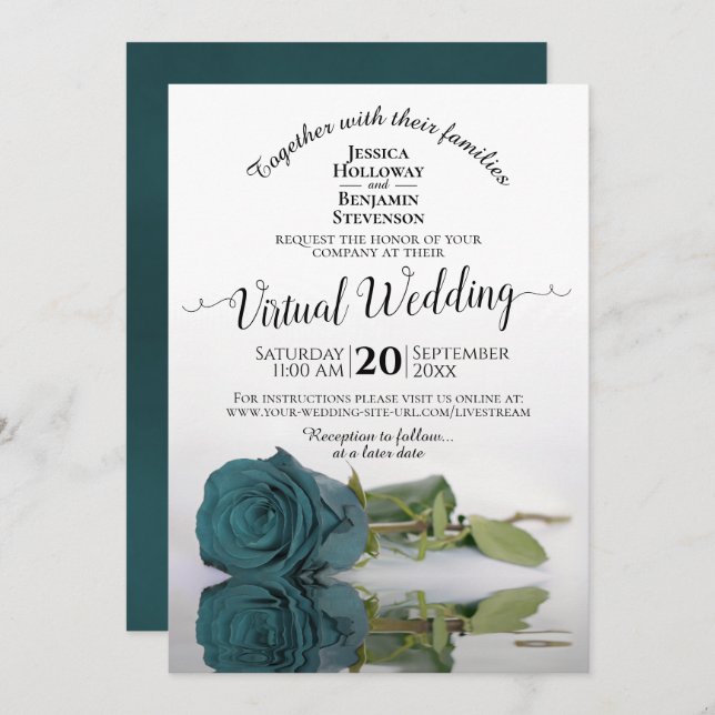 Elegant Teal Reflecting Rose Virtual Wedding Invitation (Front/Back)