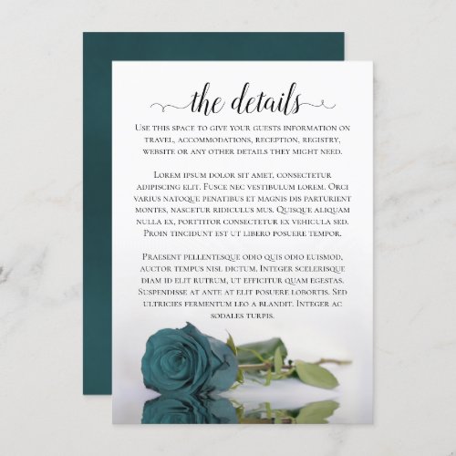 Elegant Teal Reflecting Rose Wedding Details Enclosure Card