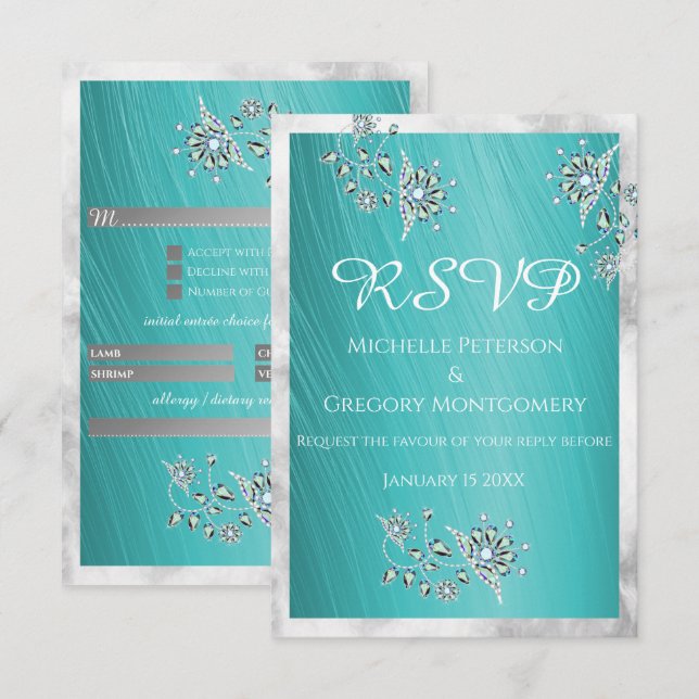 Elegant Teal Rhinetsone Jewel with Marble Border RSVP Card (Front/Back)