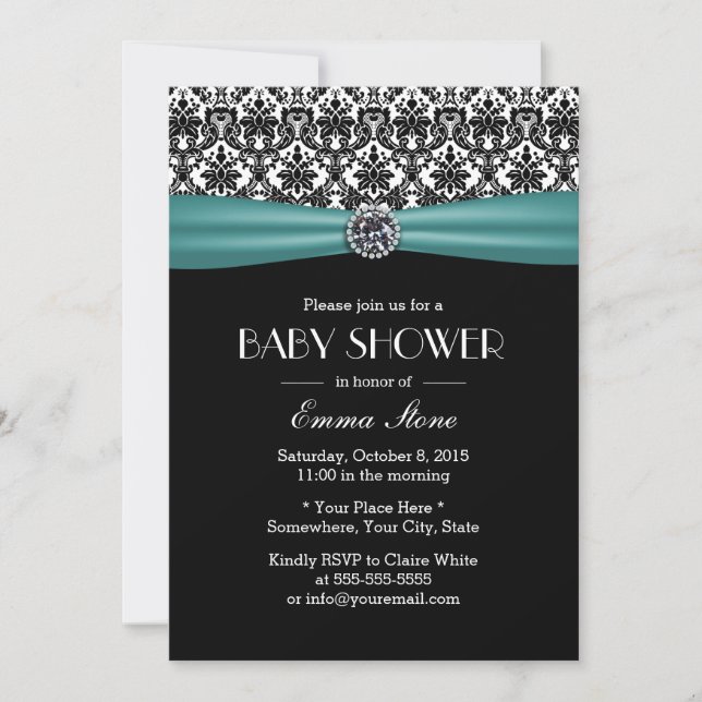Elegant Teal Ribbon Damask Baby Shower Invitation (Front)