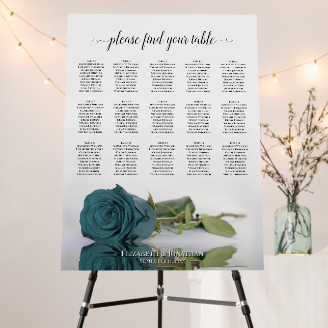 Elegant Teal Rose 15 Table Wedding Seating Chart Foam Board (In Situ (Stand))