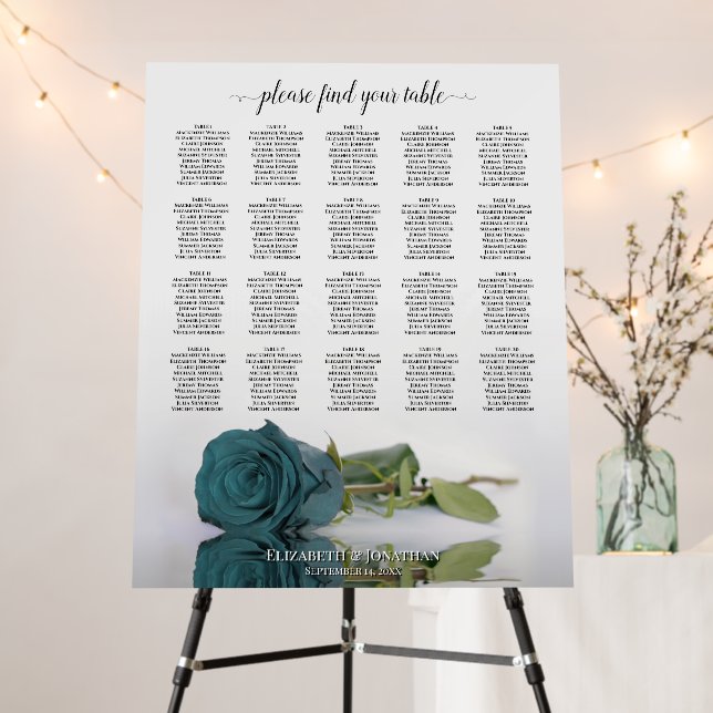 Elegant Teal Rose 20 Table Wedding Seating Chart Foam Board (In Situ (Stand))