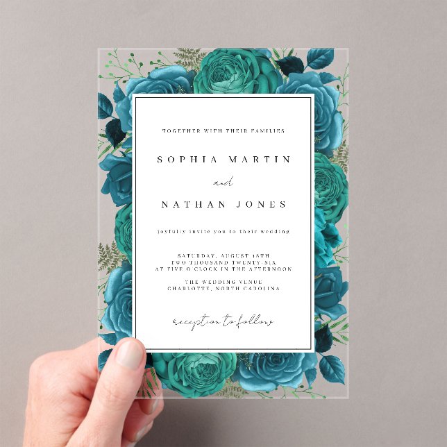 Elegant Teal Rose Clear Wedding Acrylic Invitations (Insitu (Handheld))