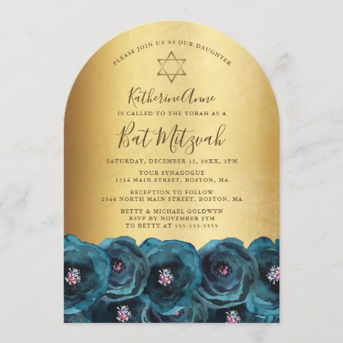 Elegant Teal Rose Floral Gold Bat Mitzvah