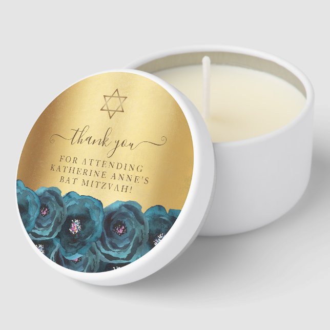 Elegant Teal Rose Floral Gold Bat Mitzvah Mini Candle Favors (Corner)