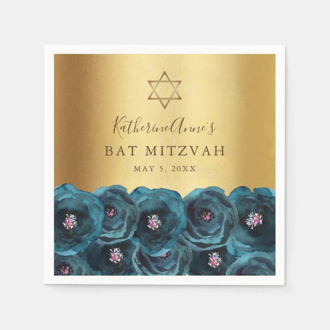 Elegant Teal Rose Floral Gold Bat Mitzvah Napkins (Front)