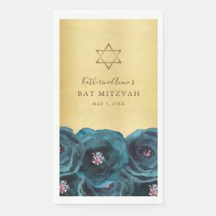 Elegant Teal Rose Floral Gold Bat Mitzvah Paper Guest Towels