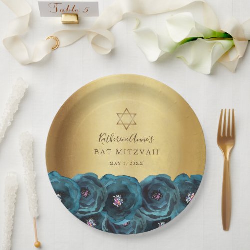 Elegant Teal Rose Floral Gold Bat Mitzvah