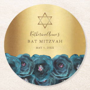 Elegant Teal Rose Floral Gold Bat Mitzvah Round Paper Coaster