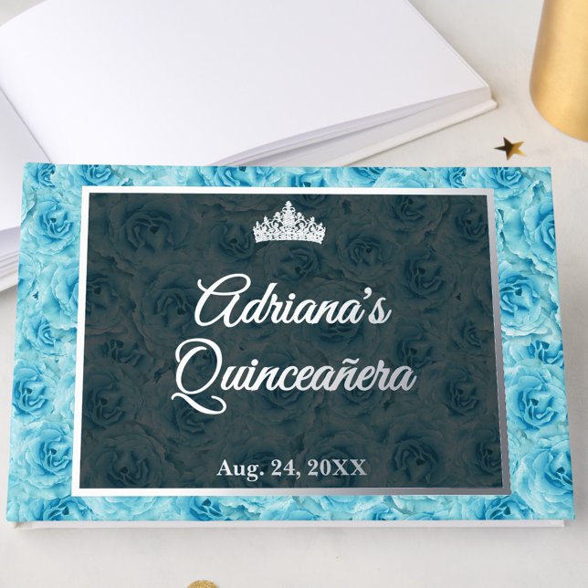 Elegant Teal Rose Floral Quinceanera Silver  Foil Guest Book (Creator Uploaded)