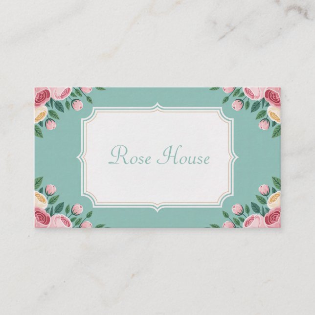 Elegant Teal Rose Floral Scallop Geometric Frame Business Card (Front)