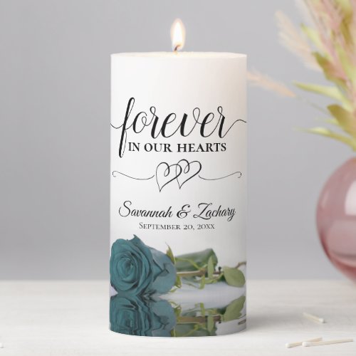 Elegant Teal Rose Forever in our Hearts Memorial Pillar Candle