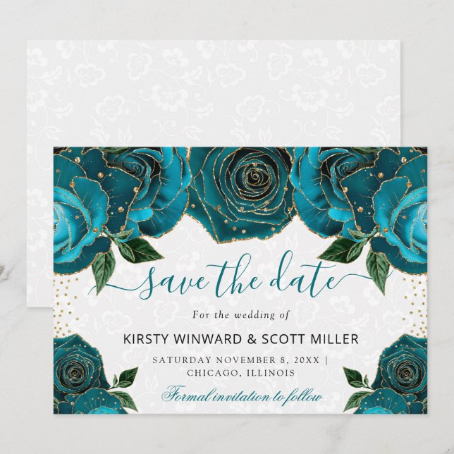 Elegant Teal Rose & Gold Accents Wedding Save The Date (Front/Back)