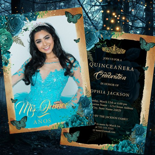 Elegant Teal Rose Gold Floral Photo Quinceanera  Foil Invitation